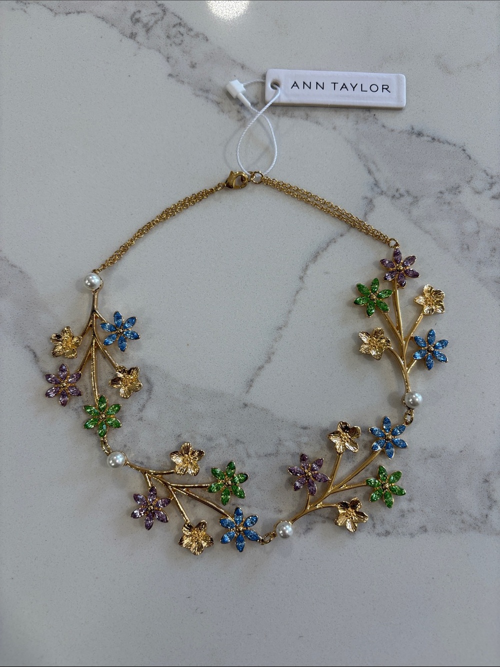 Ann Taylor Gold Floral Choker Necklace with Blue, Green & Purple Accents